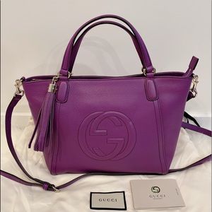 GUCCI 369176 Pebbled Leather Soho Crossbody Tote Bag Purple